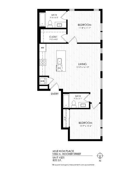 Floor plan for 2 beds, 2 baths, 805 sqft